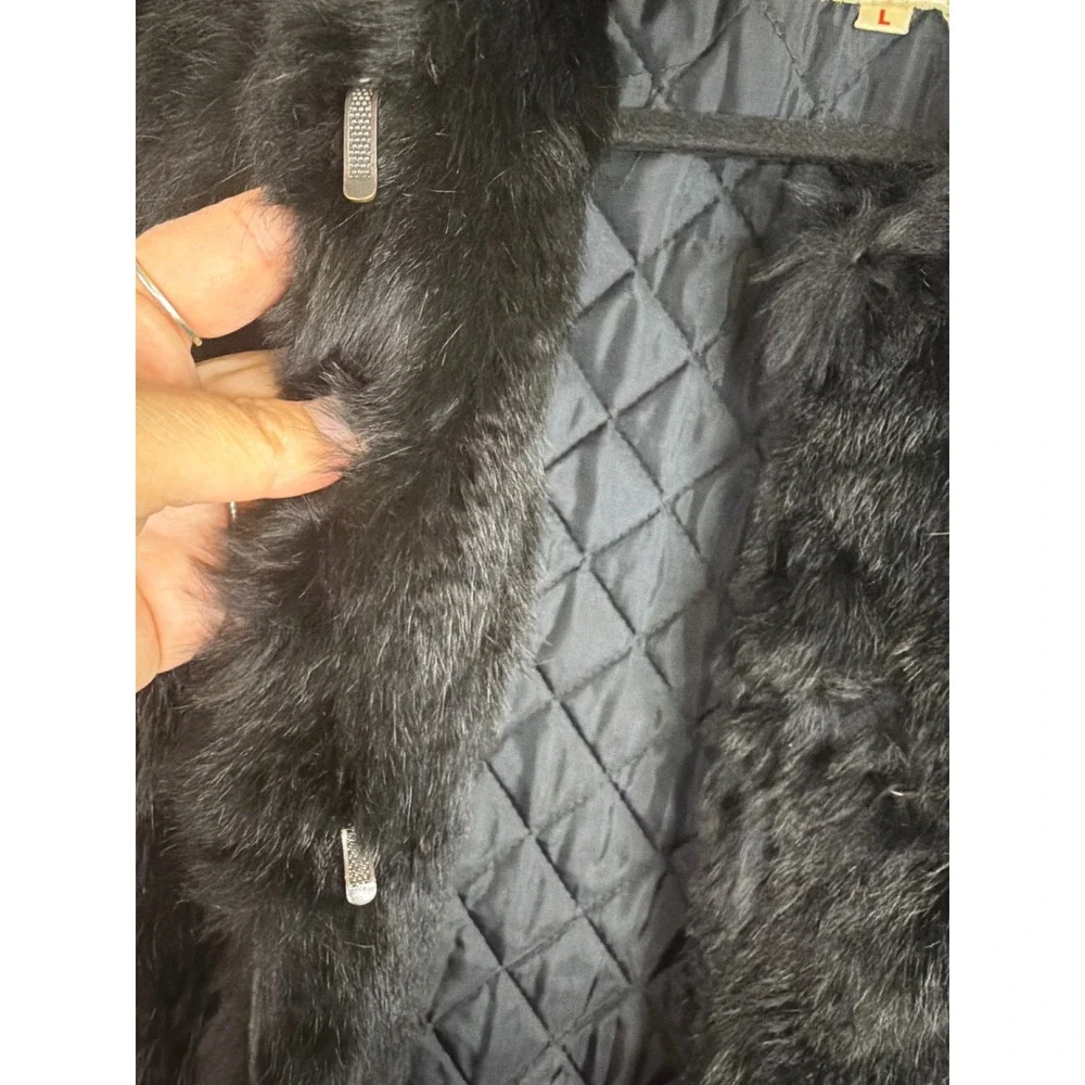 Vintage Genuine Rabbit Fur Jacket Women Large Black Quilted Lining Mob Wife